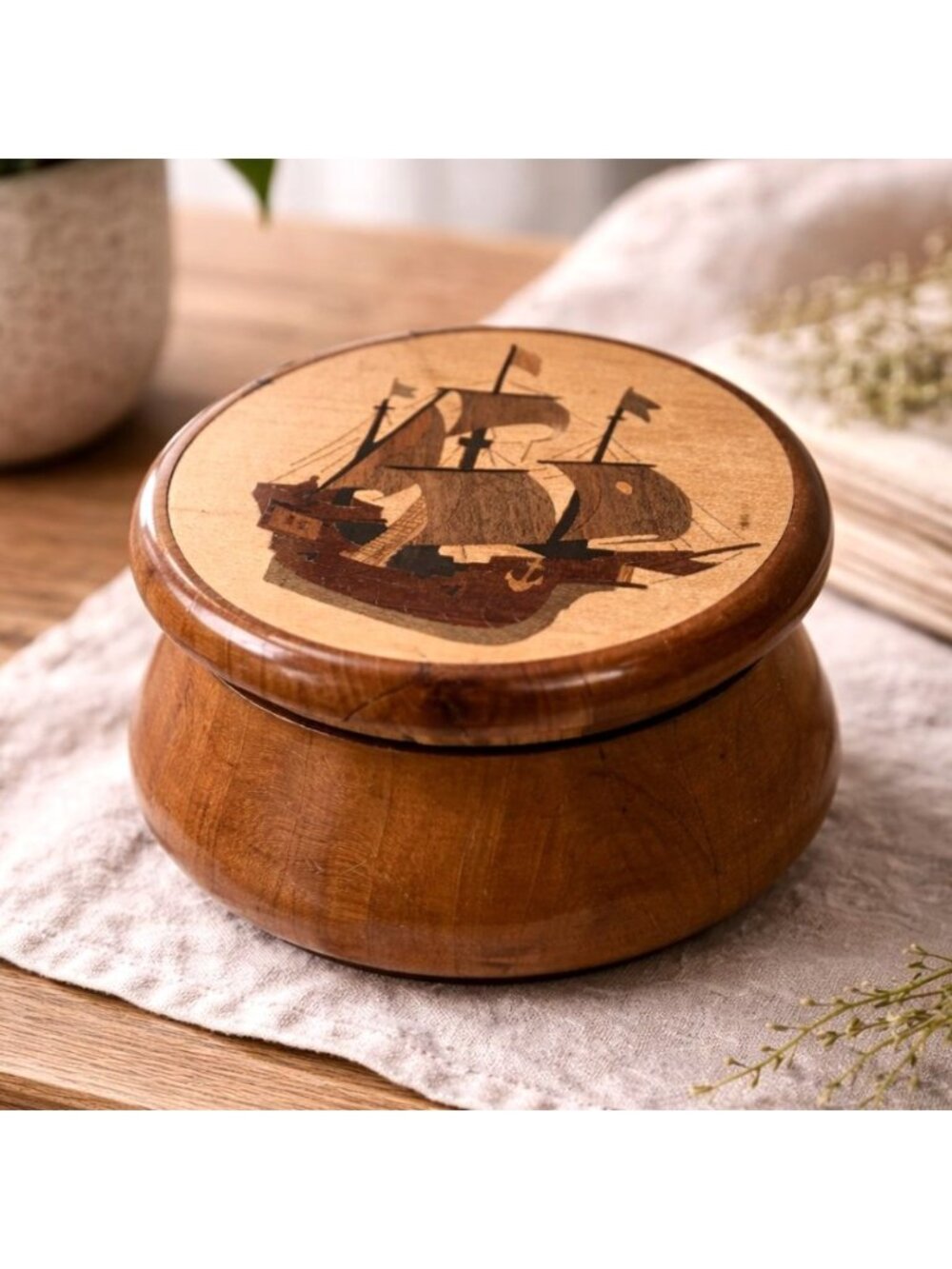 Vintage Wooden Trinket Box Ship Inlay Round Keepsake Box 4” Smooth Finish